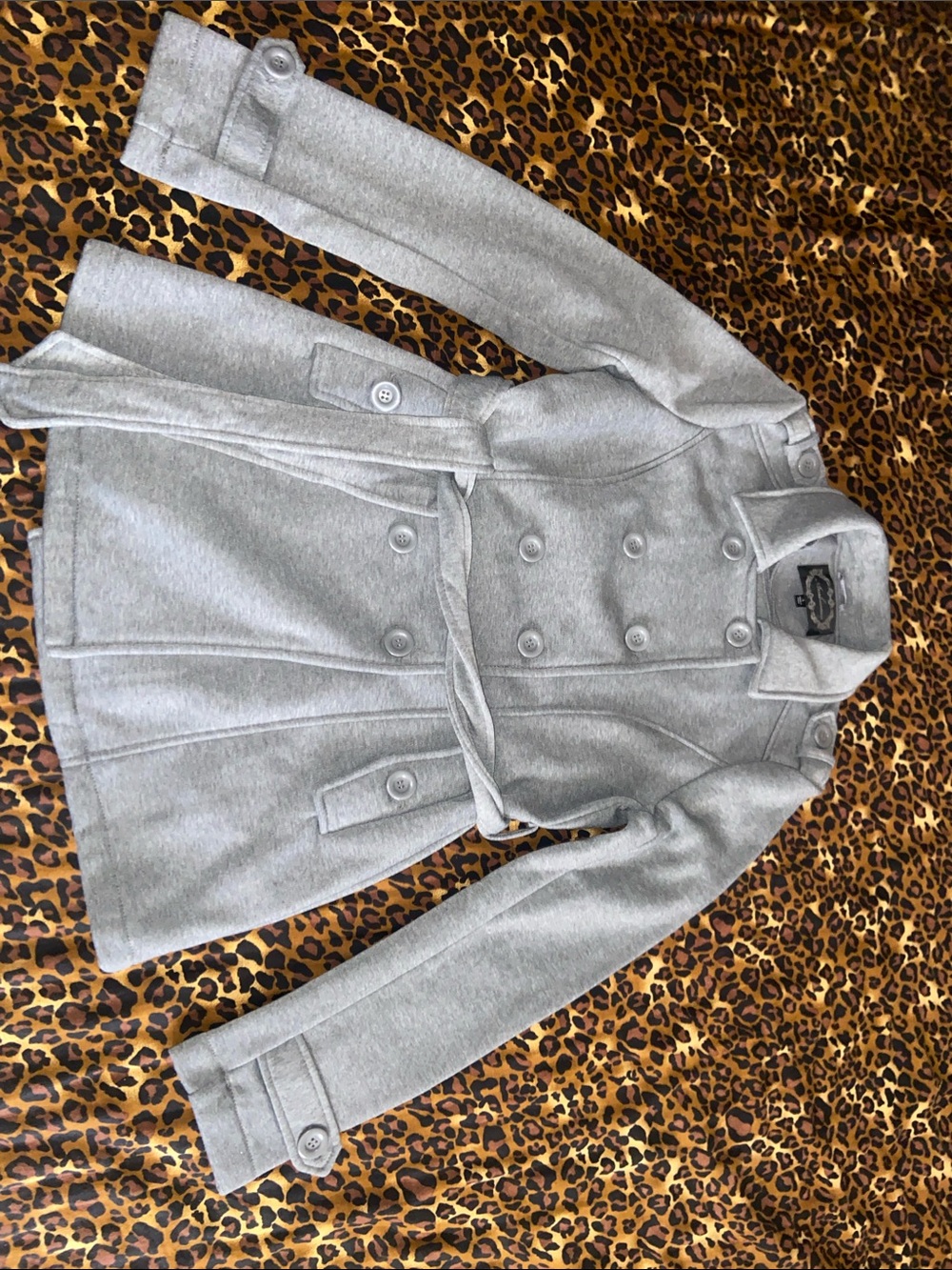 Ambiance Women’s Light Gray Double-Breasted Peacoat with Waist Tie